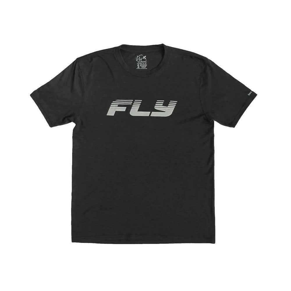 black t-shirt with "Fly" written on it